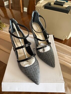 Alfani Black Patent-Strap Gray Tweed Pointed Pumps